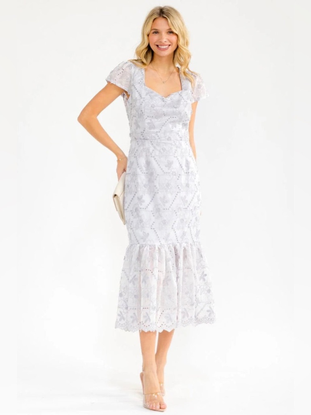 Gray Lace Midi Dress with Ruffle Hem